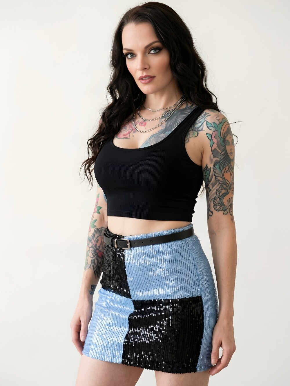 Blue Blush ✦ Sequin Mini Skirt ✦ Colorblock High‑Rise Invisible Zipper Alt‑Core